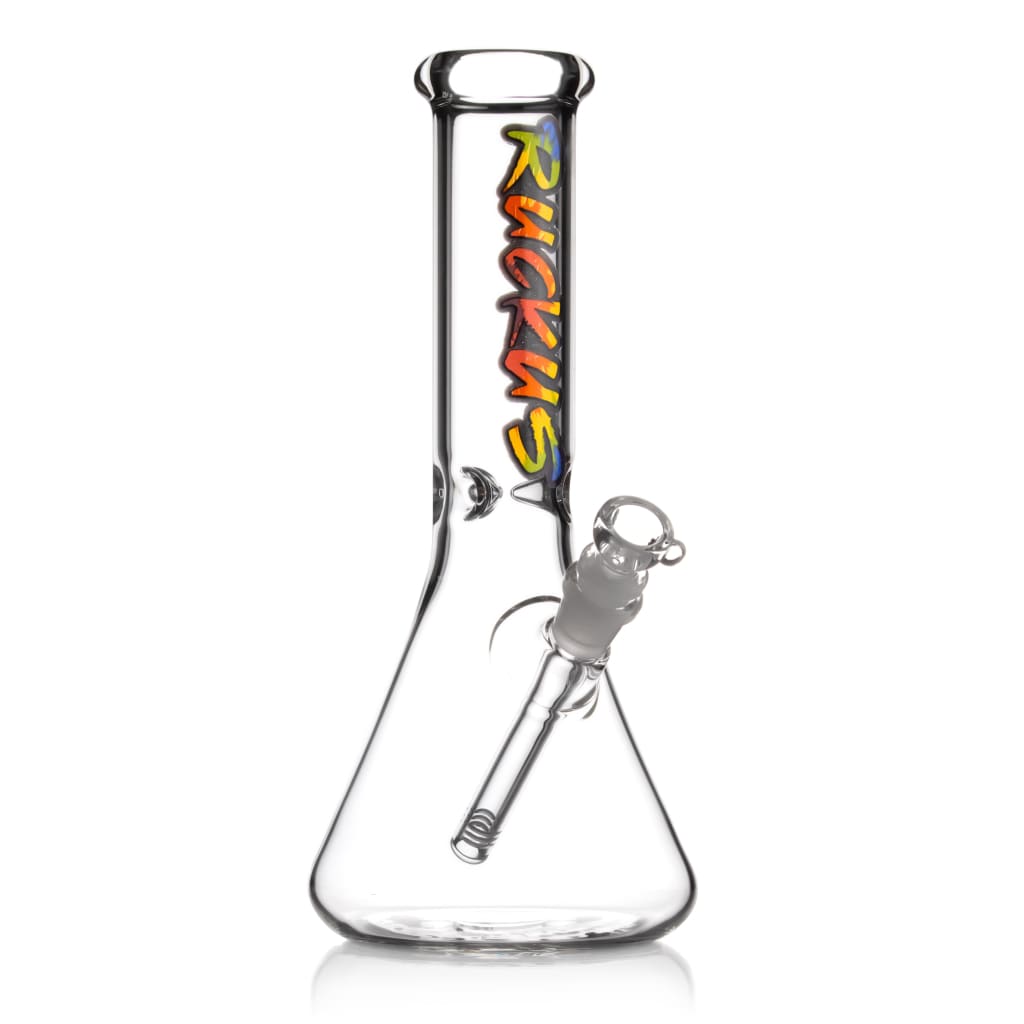 Ruckus Glass 12tie Dye Beaker Bong with vibrant ’Ruckus’ logo on the neck