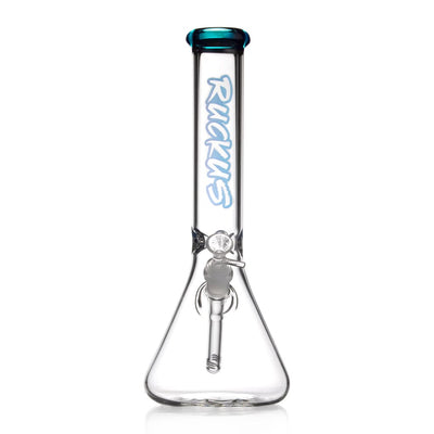 Ruckus Glass Lip Beaker Bong with Diffused Downstem and teal mouthpiece by Roors