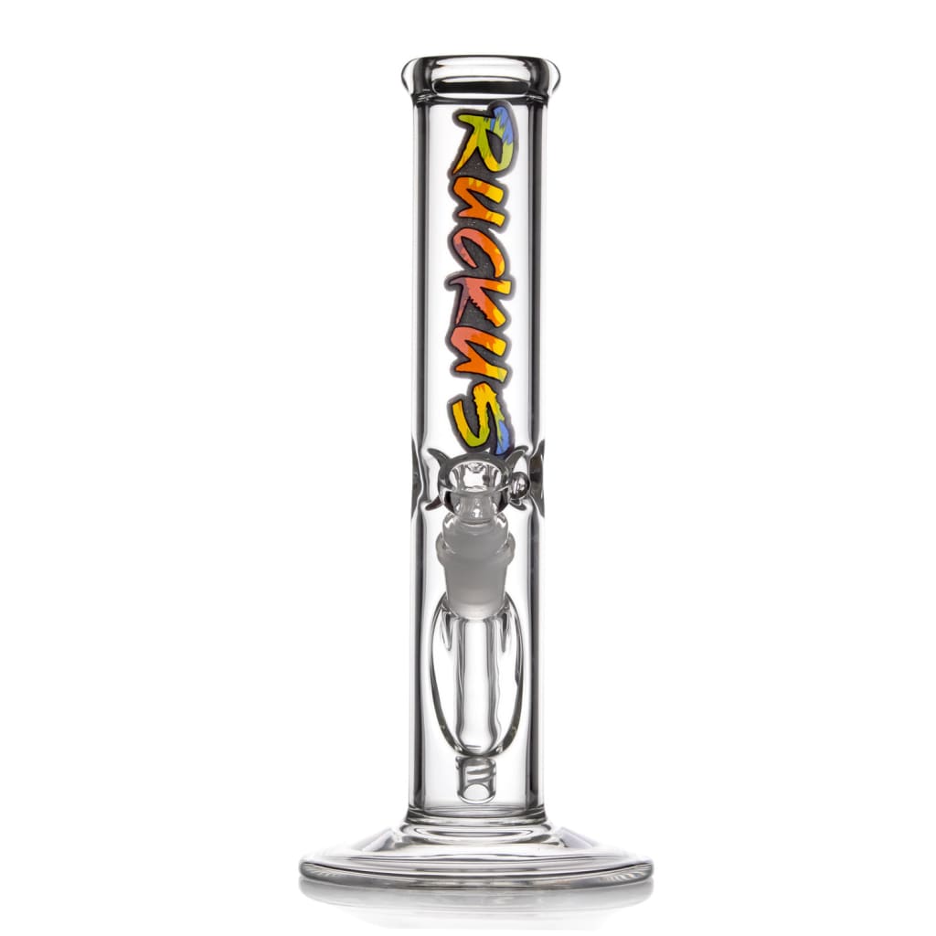 Tie Dye Ruckus straight tube bong with colorful Roors logo and percolator