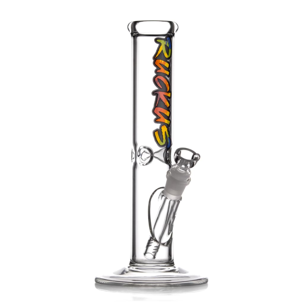 Tie Dye Ruckus straight tube bong with colorful percolator logo