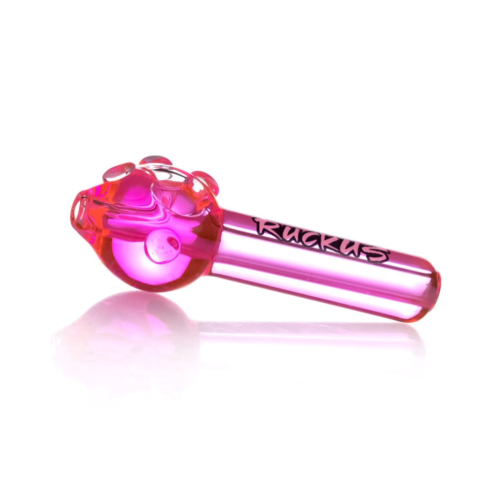 Ruckus Glass Freezable Pipe in vibrant neon colors with pink bulbous bowl and ’Ruckus’ branding