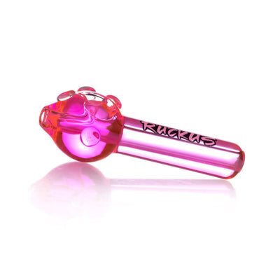 Ruckus Glass Freezable Pipe in vibrant neon colors with pink bulbous bowl and ’Ruckus’ branding