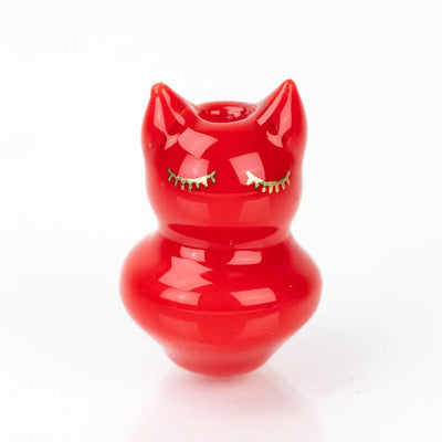 Glossy red Sakibomb Kitty Carb Cap glass pipe with gold eyes