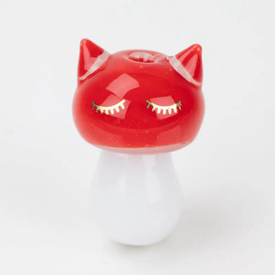 Glossy red Sakibomb Kitty Head carb cap with cat ears and gold lashes