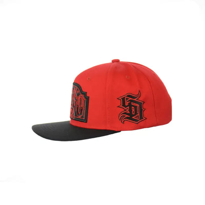 Red and black San Diego embroidered snapback hat for stylish comfort