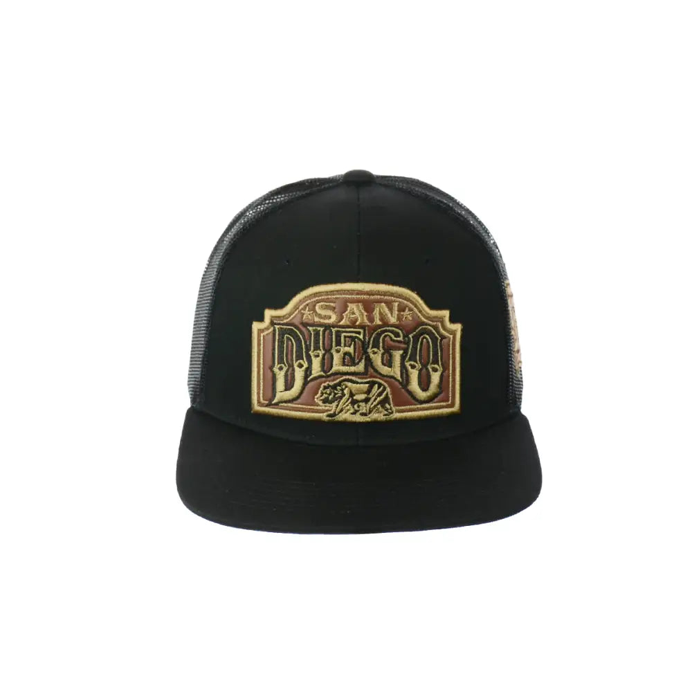 Black trucker hat with San Diego embroidered snapback emblem for stylish comfort