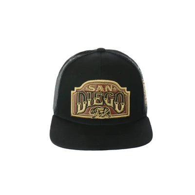 Black trucker hat with San Diego embroidered snapback emblem for stylish comfort