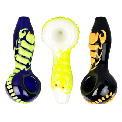 Scorpion Glow Spoon Hand Pipe with Colored Boro Glass, shaped like scorpions and creatures