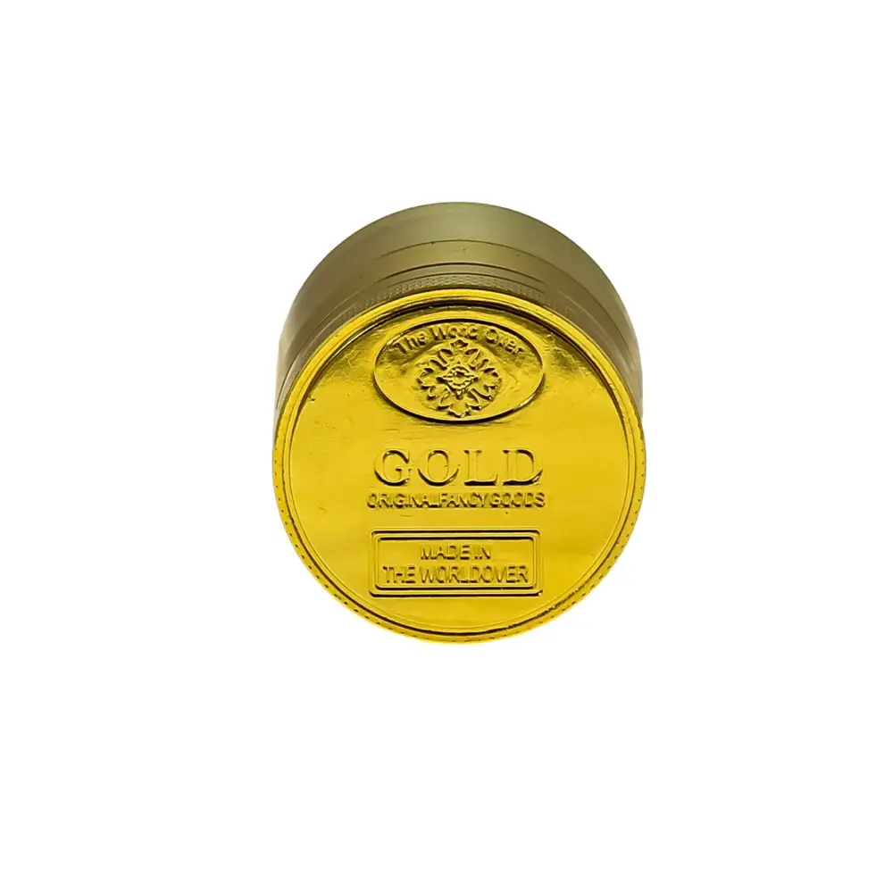 Shiny gold coin grinder with embossed gold branding and floral design