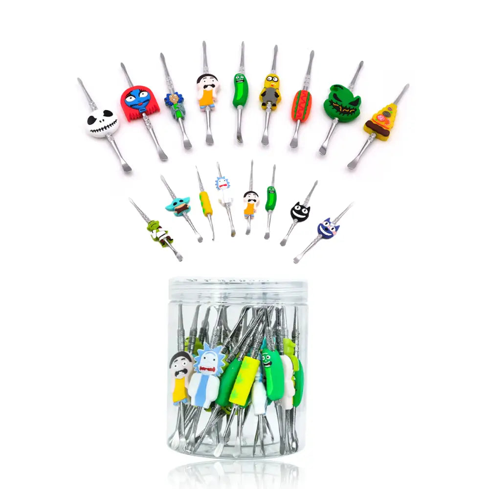 Colorful silicone character metal dabbers in a clear 30 count display for kids’ dental care