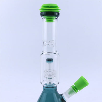 Glass water pipe with green accents and percolator using silicone cleaner plugs