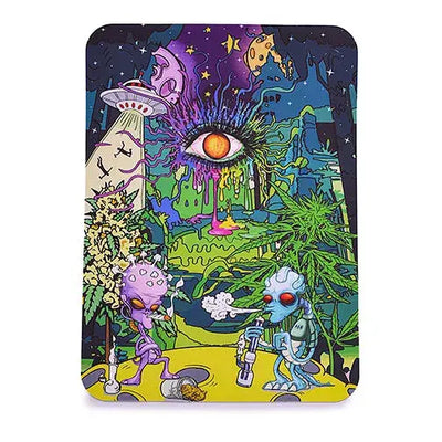 Colorful psychedelic silicone dab mat with cartoon aliens, UFO sky, giant eye