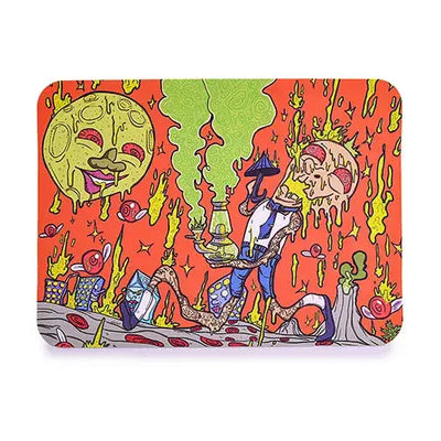 Vibrant orange silicone dab mat with cartoon mix smiling moon and skull