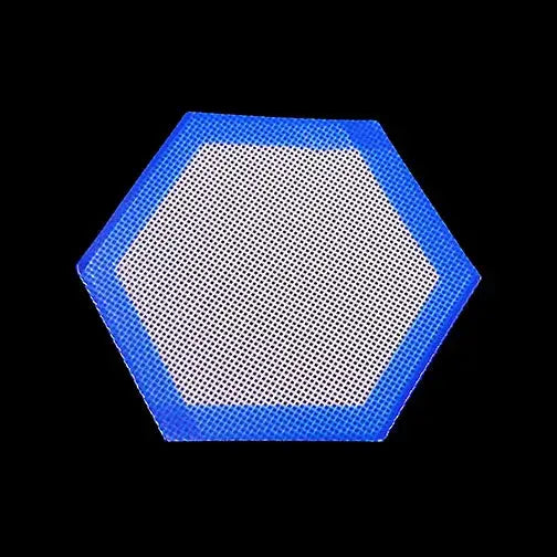 Blue hexagonal silicone dab mat with white mesh center