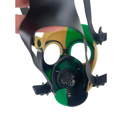 Camouflage gas mask bong with silicone mask and blue water attachment
