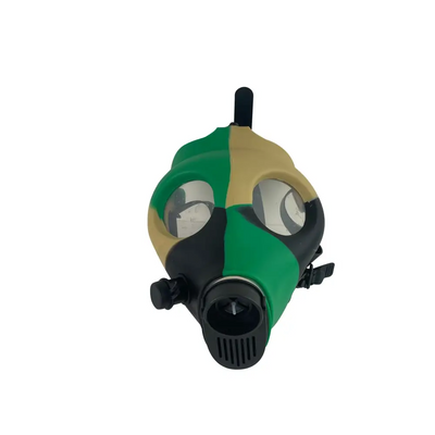 Green tan camo gas mask bong with silicone mask and blue water attachment