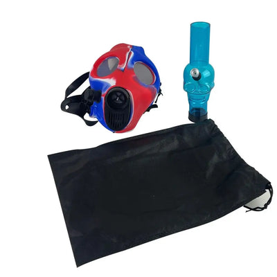 Red and blue silicone gas mask bong with turquoise skull pipe in mesh bag