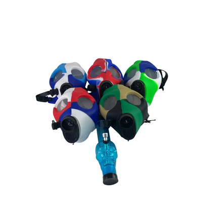 Blue translucent skull gas mask bong with black base