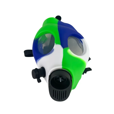 Vibrant green blue white silicone gas mask bong with blue water attachment
