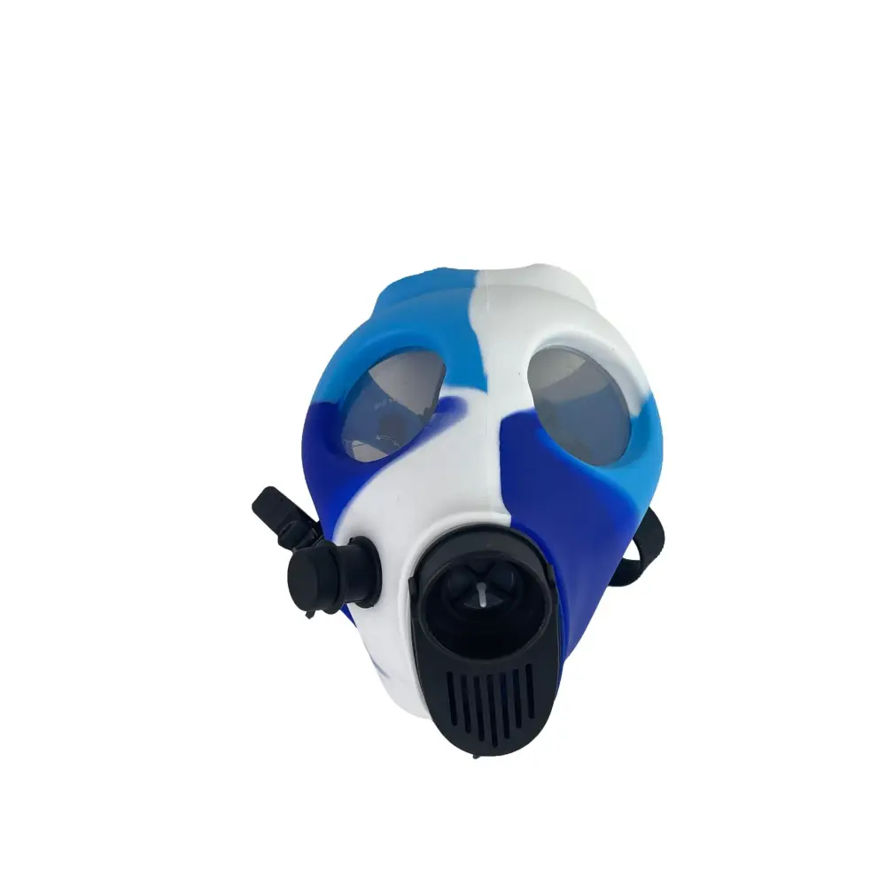 Blue and white silicone gas mask bong with black filter and straps