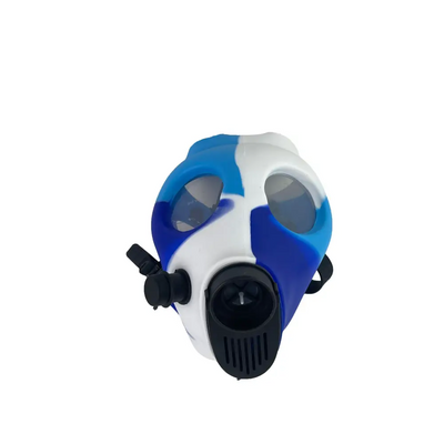 Blue and white silicone gas mask bong with black filter and straps