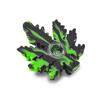 Vibrant green black silicone hand pipe leaf with glass center