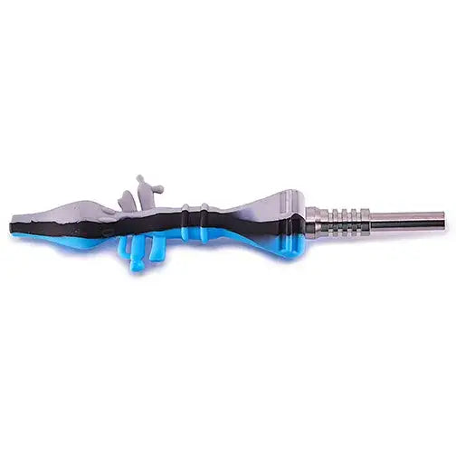 Blue and gray silicone nectar collector with metallic mouthpiece
