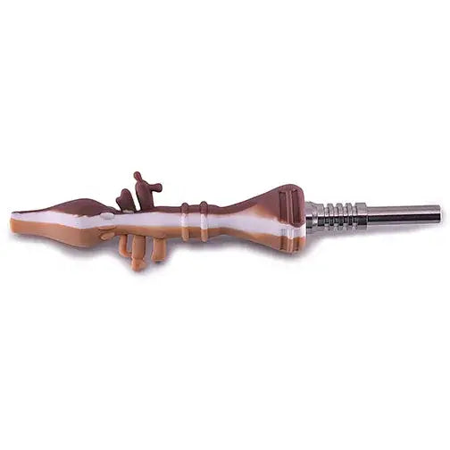 Brown and white silicone nectar collector with metallic threaded tip
