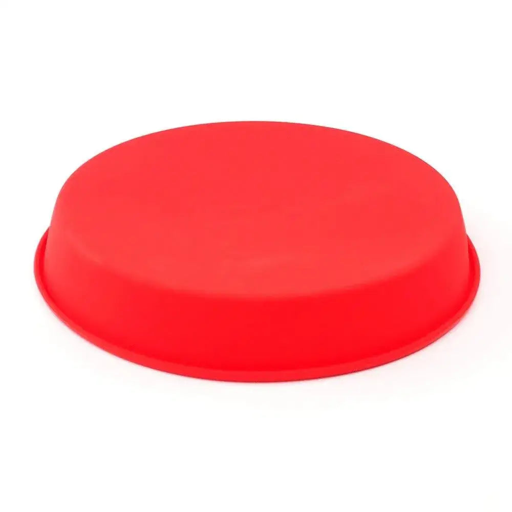Red 9 inch silicone round dish tray with smooth rim and flat base