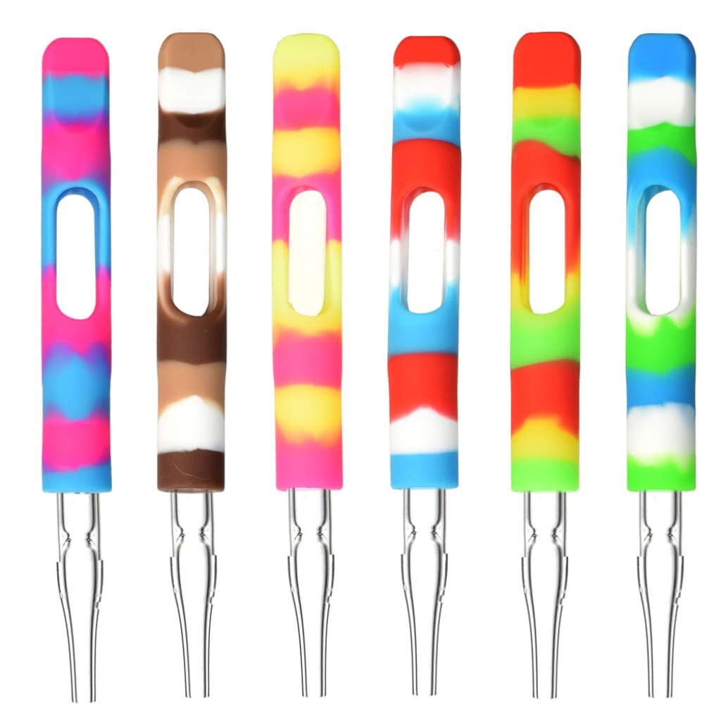 Colorful silicone wrapped dab straw with removable glass tip crochet hooks set