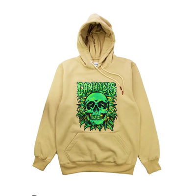 Beige Skull Cannabis Hoodie featuring a unique green skull and cannabis leaf design