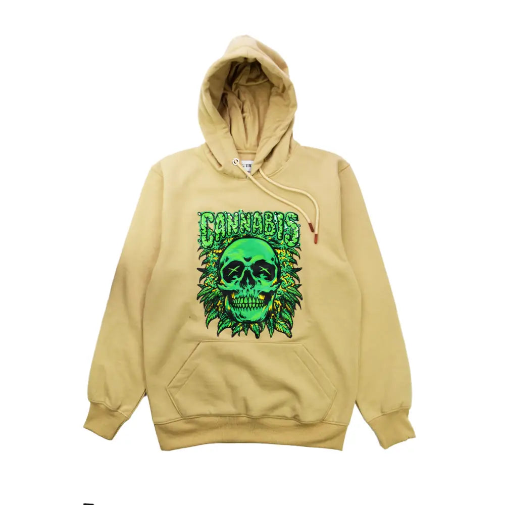Beige Skull Cannabis Hoodie featuring a green skull and cannabis leaf silk screen design