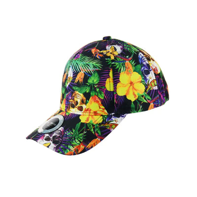 Baseball hat snapback featuring a vibrant Skull Flowers Print floral pattern