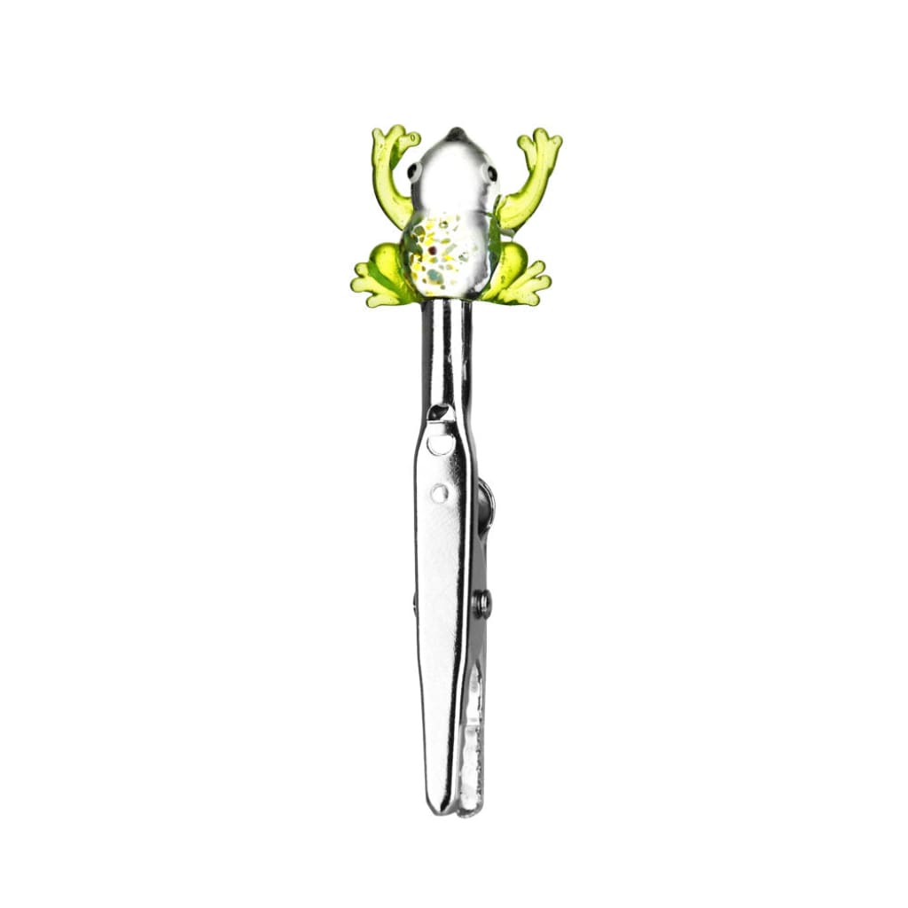 Glass memo clip Tweezers with a cute green frog handle, spring loaded for easy use