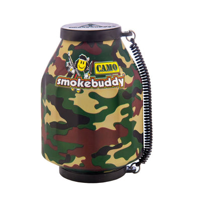 SmokeBuddy Original personal air filter with camouflage pattern, black lid and coiled strap to eliminate second hand smoke