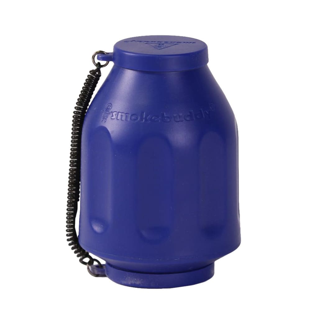 Smokebuddy Original personal air filter with blue plastic vaporizer and coiled black metal chain lid to eliminate second hand smoke