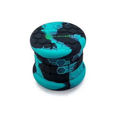 Space King Collapsible silicone jar with teal black hexagonal grinder and alienape logo