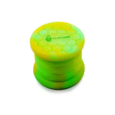 Space King Collapsible silicone jar with vibrant gradient grinder and Alienape branding