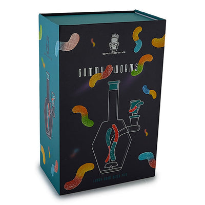 Space King Gummy Worms Water Pipe: Vibrant box with colorful gummy worms and bong design