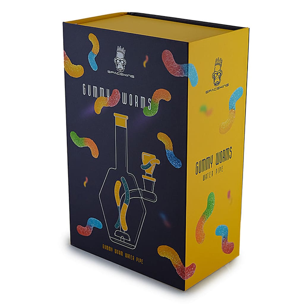 Colorful box packaging for Space King Gummy Worms Water Pipe - vibrant and artful design