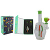 Glass bong with colorful designs & green cap next to packaging - Space King Gummy Worms Water Pipe