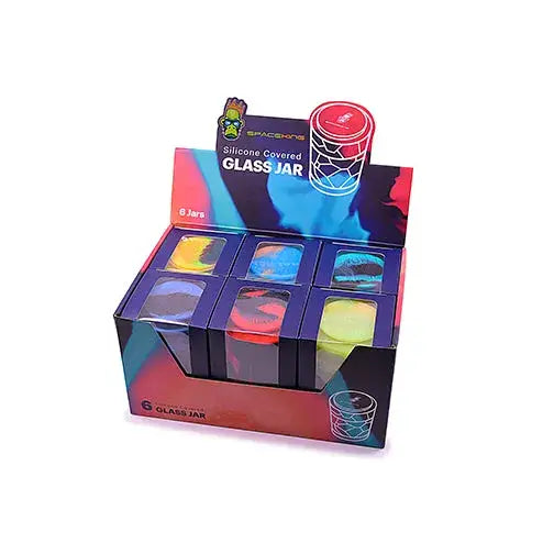 Space King stackable sili glass jars in colorful silicone display box