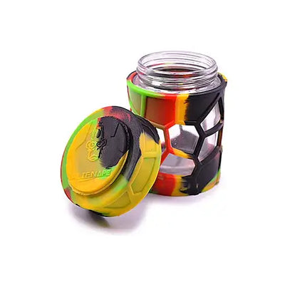Space King stackable sili glass jar in rasta-colored silicone honeycomb