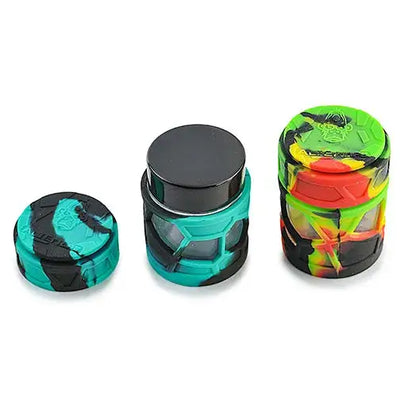 Space King stackable sili glass jar with 3 assorted silicone herb grinders