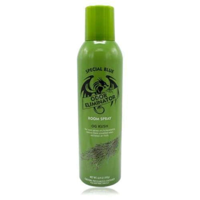Green aerosol can of Special Blue Odor Eliminator Spray OG Kush 6.9 Oz with dragon logo