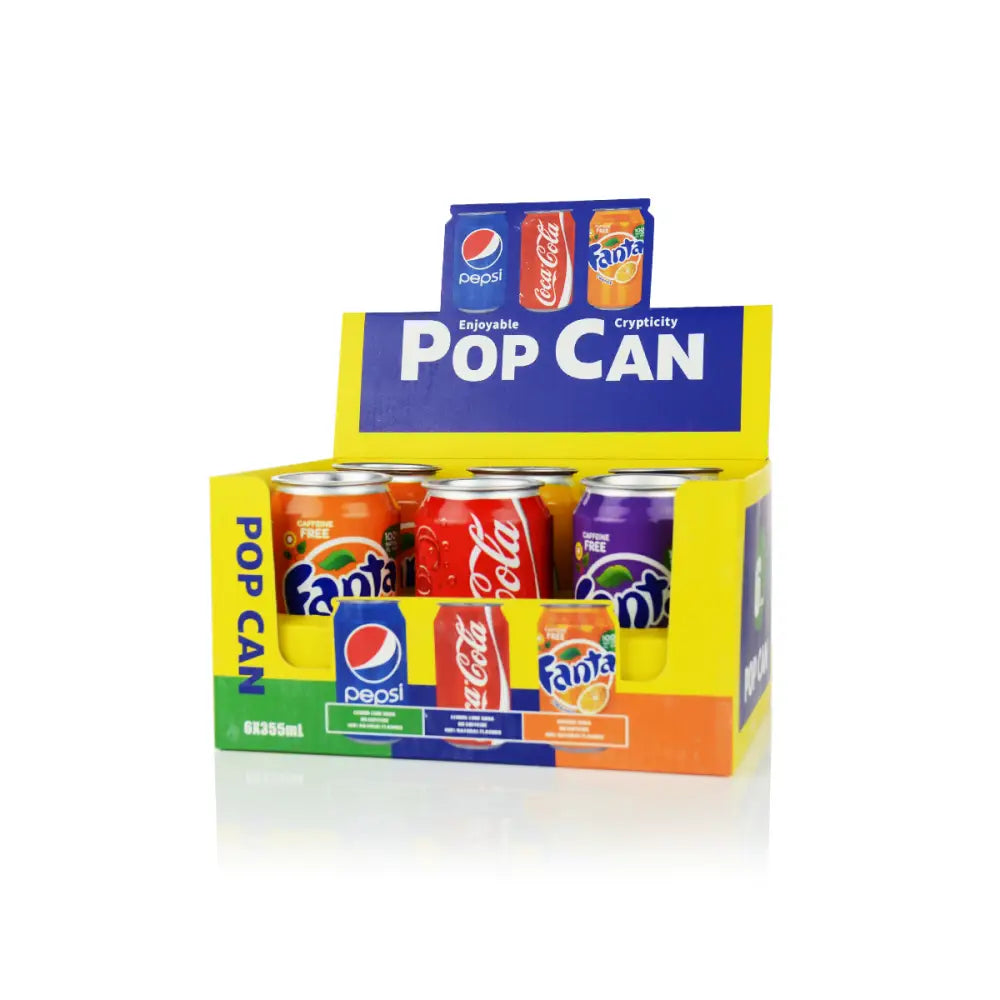 Variety pack of soda cans in a cardboard display for Lion Rolling Circus hemp wraps