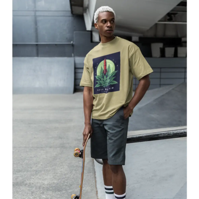 Man with white hair in yellow Stay High Half Sleeve T-shirt and dark shorts with skateboard