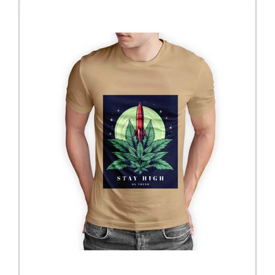 Tan Stay High Half Sleeve T-shirt featuring a marijuana leaf and rocket graphic design