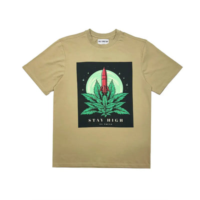 Beige Stay High Half Sleeve T-shirt with marijuana leaf and rocket ship graphic design