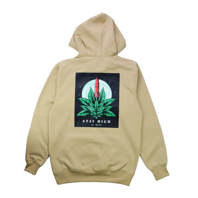 Beige Stay High Hoodie featuring marijuana leaf graphic and stay high text on back
